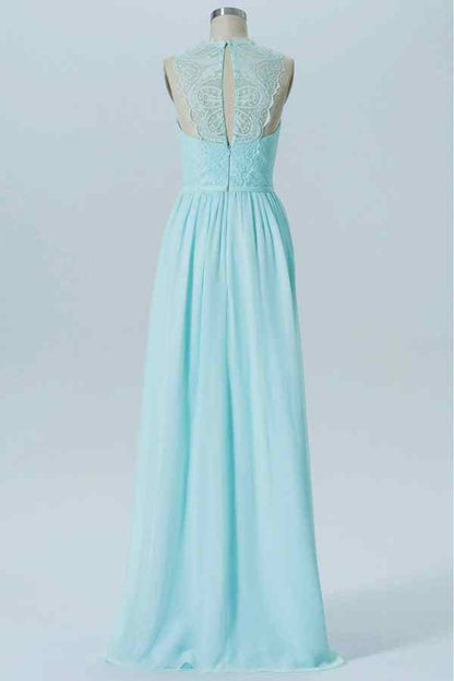 Caribbean A-line Lace Illusion Halter Chiffon Long Bridesmaid Dress