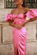 Long Satin Prom Dress with Puff Sleeves,Unique Evening Gowns