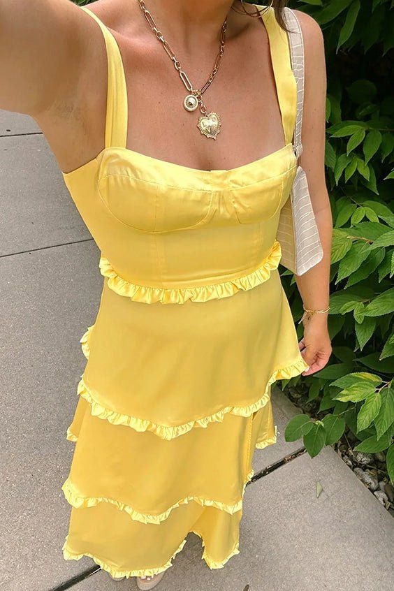 Satin A-Line Square Sleeveless Tiered Ruffled Long Party Prom Dress