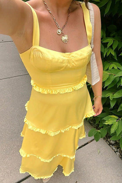 Satin A-Line Square Sleeveless Tiered Ruffled Long Party Prom Dress