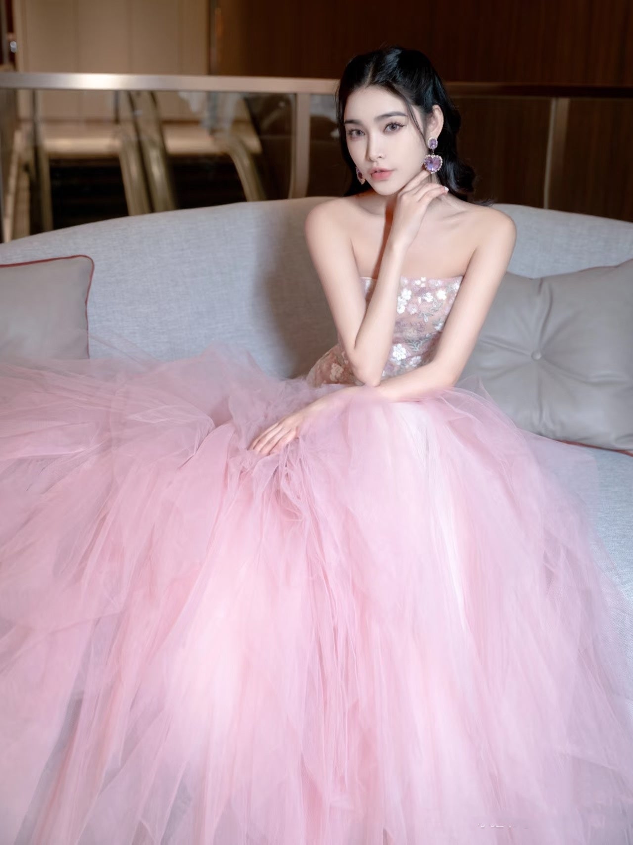 Luxurious Ball Gown Strapless Pink Tulle Long Prom Dress P1720