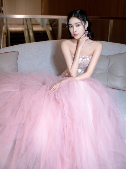 Luxurious Ball Gown Strapless Pink Tulle Long Prom Dress P1720