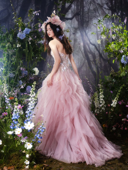 Luxurious Ball Gown Strapless Pink Tulle Long Prom Dress P1720