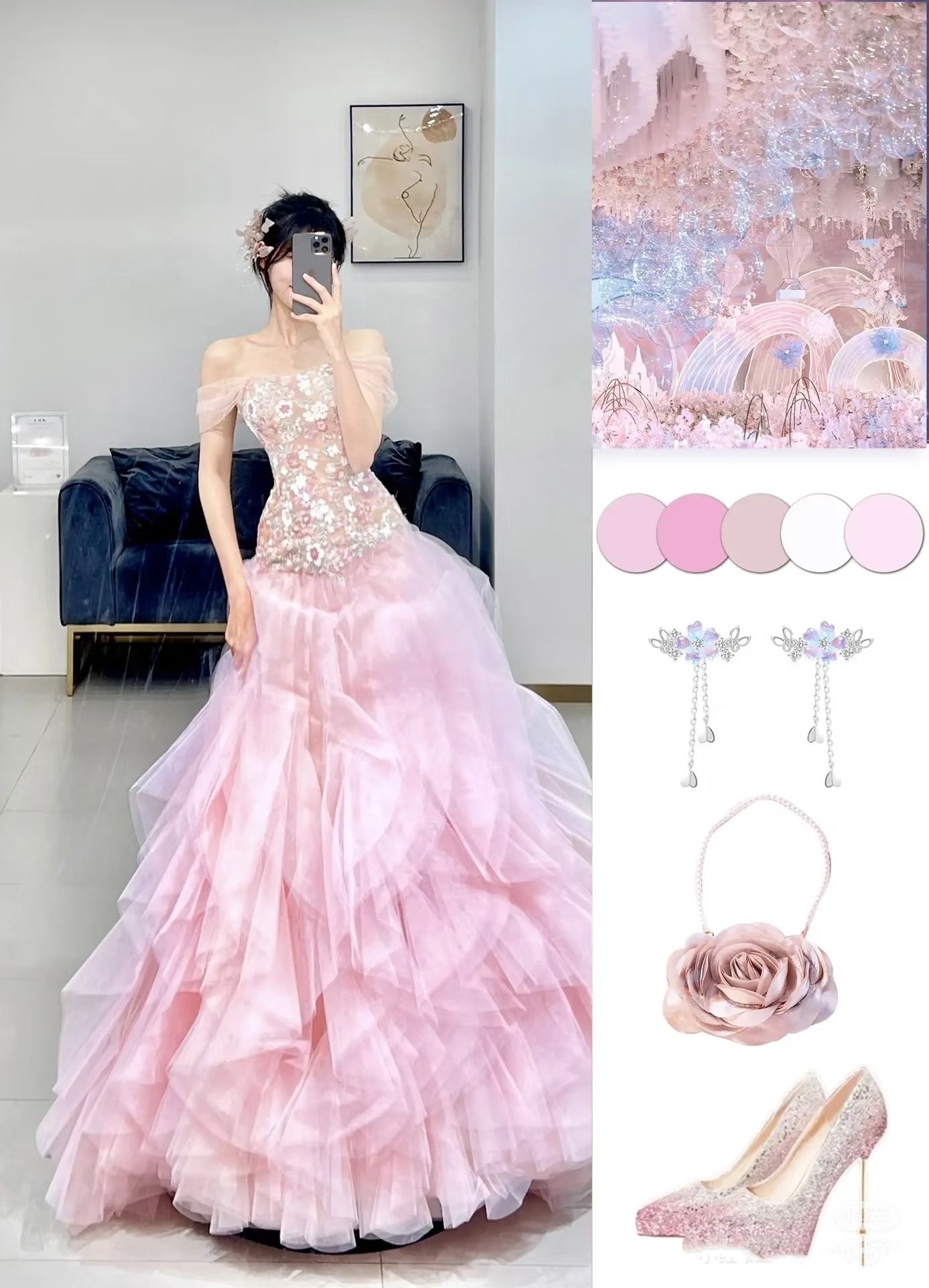 Luxurious Ball Gown Strapless Pink Tulle Long Prom Dress P1720