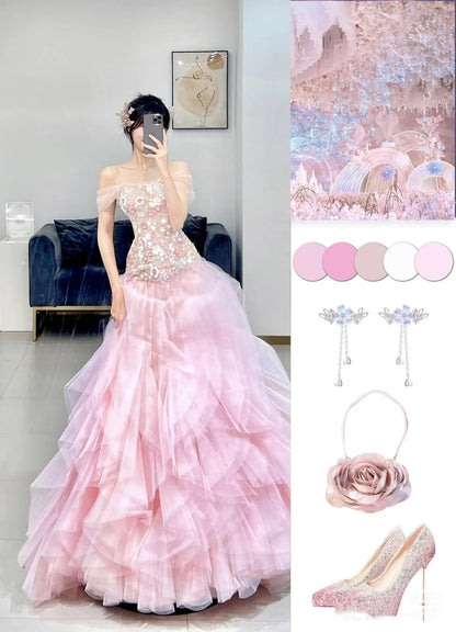 Luxurious Ball Gown Strapless Pink Tulle Long Prom Dress P1720