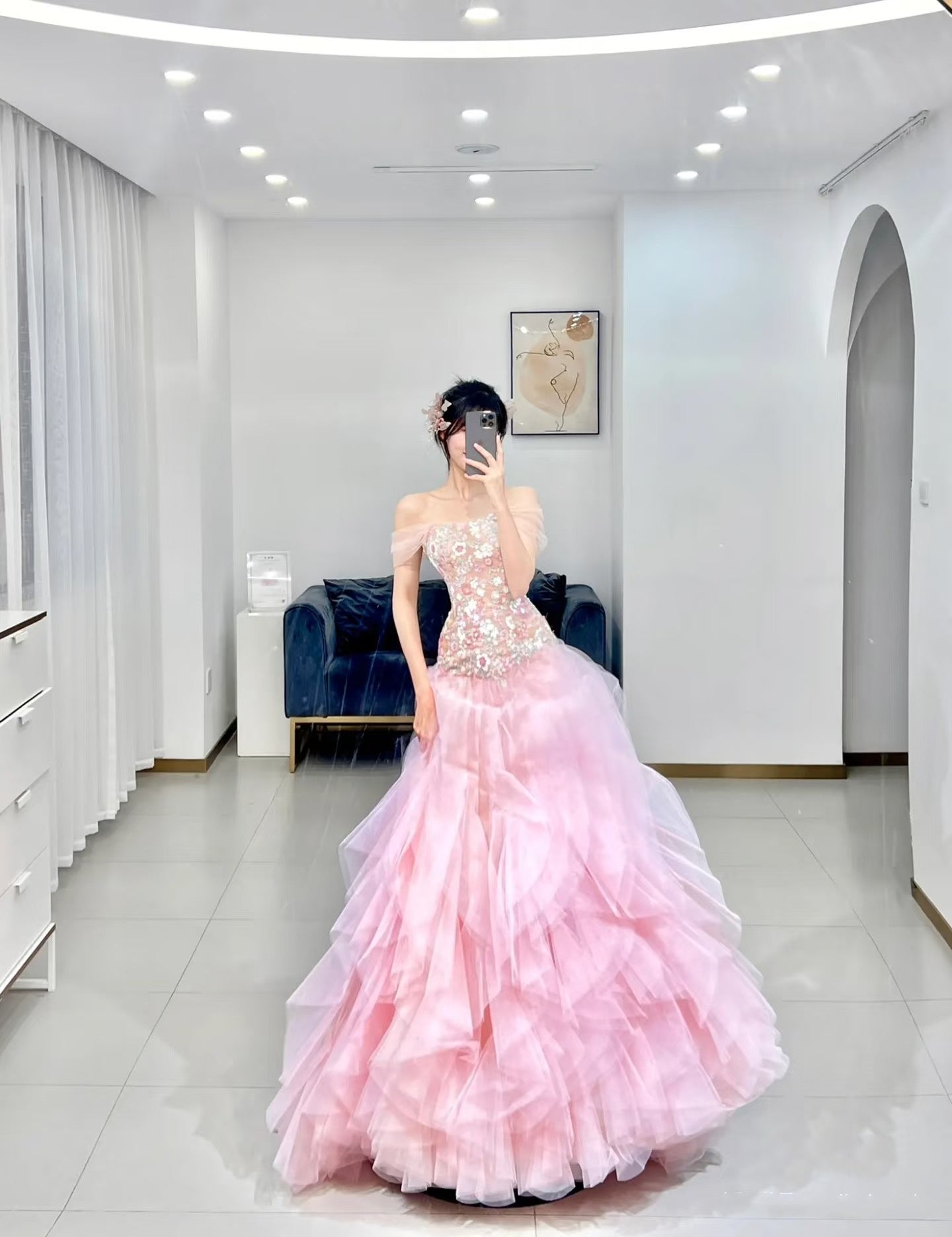 Luxurious Ball Gown Strapless Pink Tulle Long Prom Dress P1720