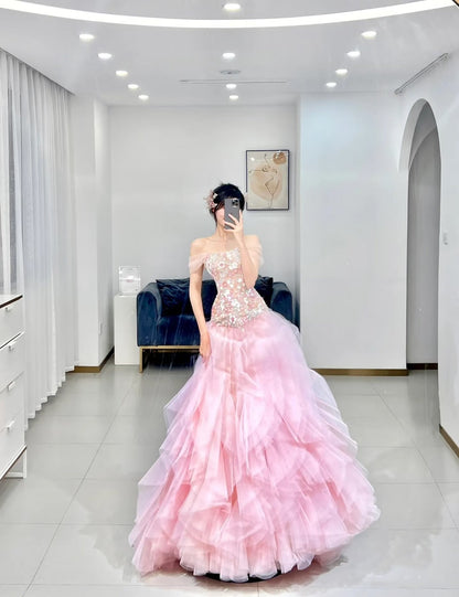 Luxurious Ball Gown Strapless Pink Tulle Long Prom Dress P1720