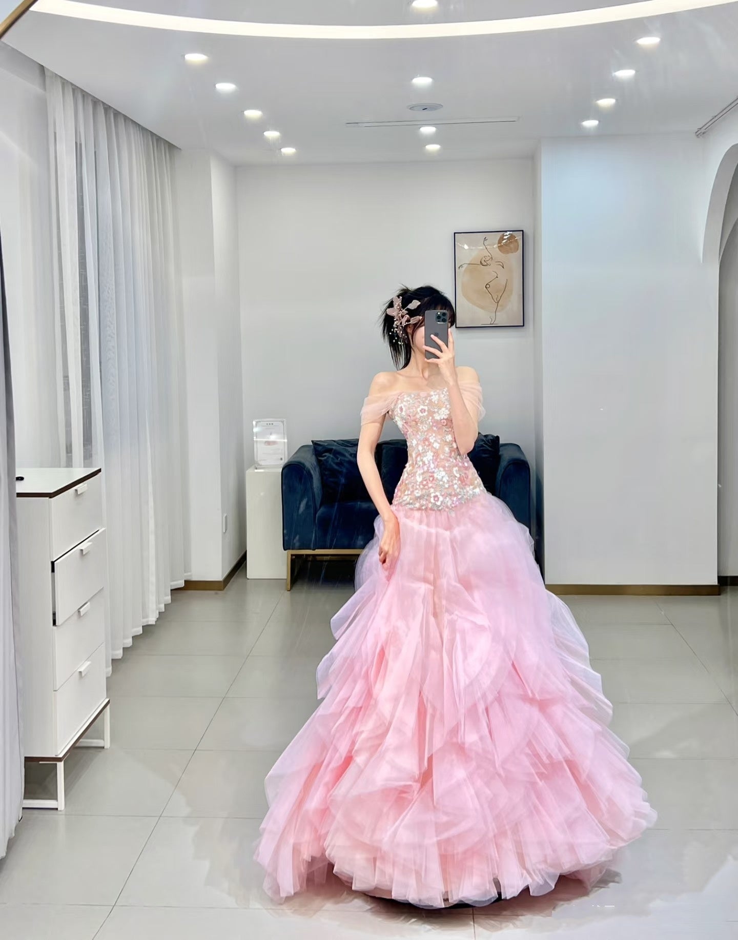 Luxurious Ball Gown Strapless Pink Tulle Long Prom Dress P1720