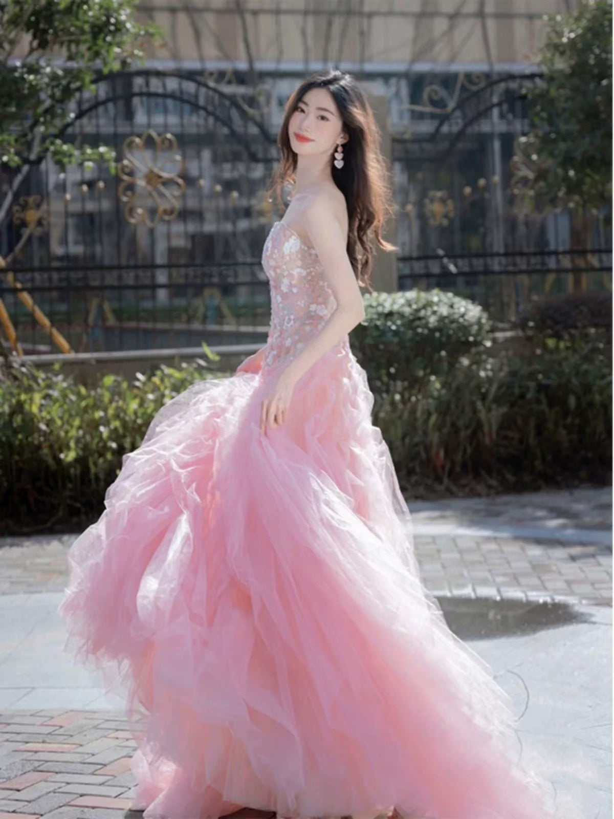 Luxurious Ball Gown Strapless Pink Tulle Long Prom Dress P1720