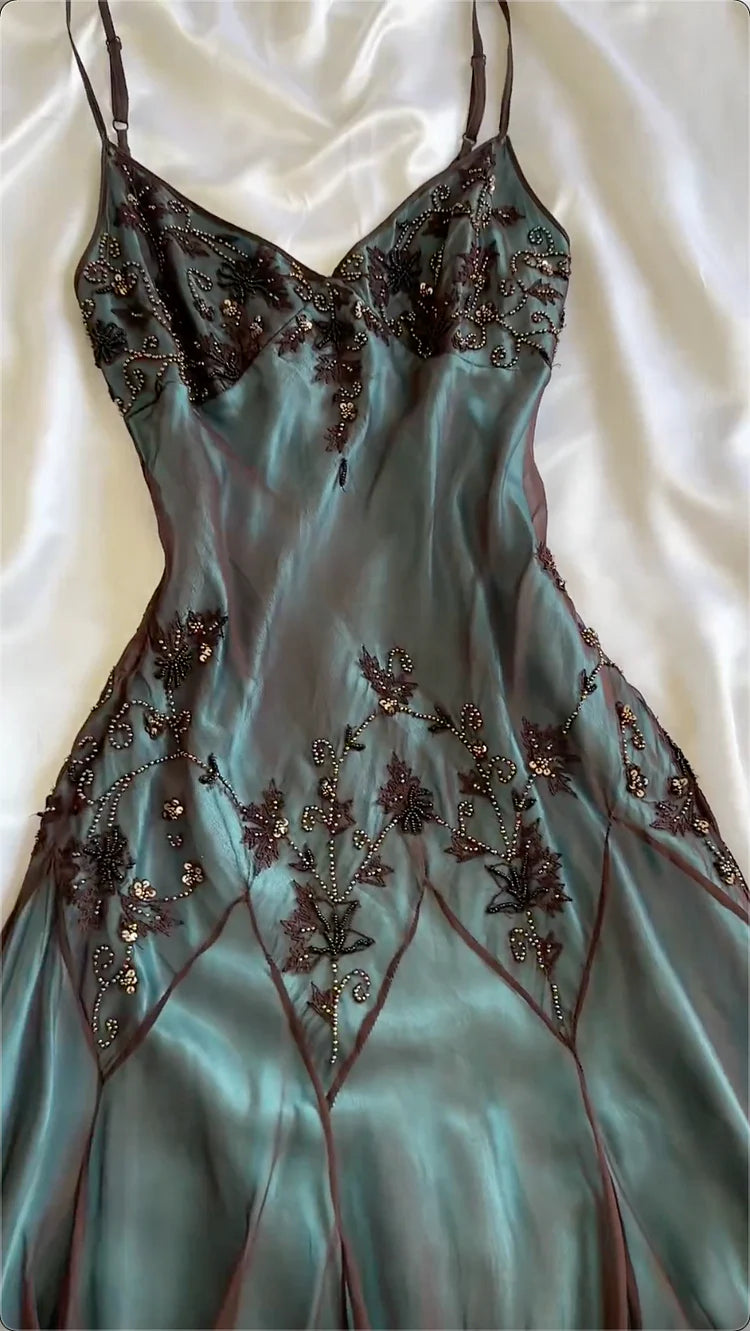 Vintage Dark Green Beaded Embroidery Prom Dress Sheath V-neck Evening Dress Formal Dress TP4685
