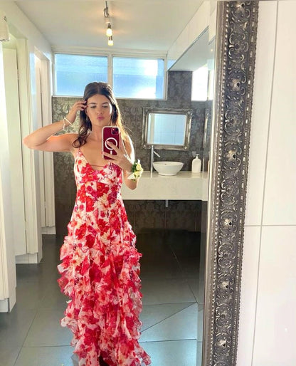Hot Red Floral Print A-Line Backless Ruffle Long Chiffon Elegant Sexy Ball Gown Evening Dress Party Dress gh3185