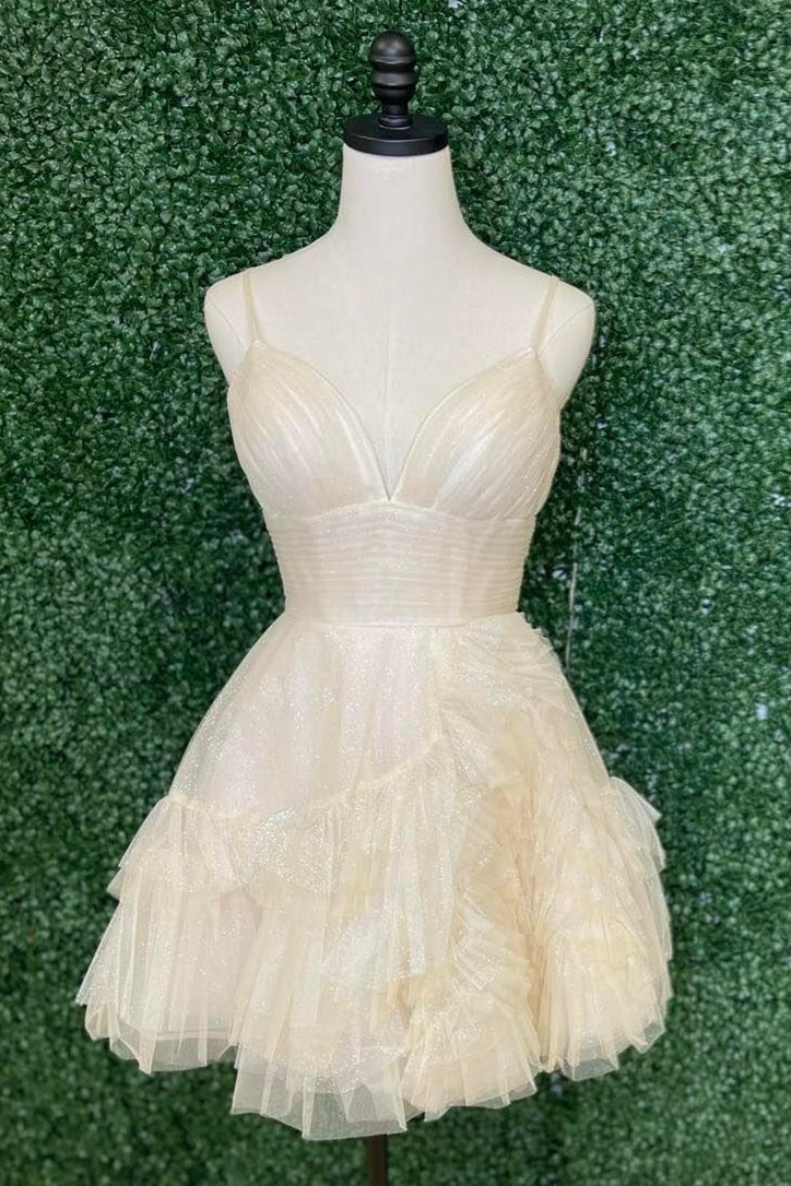Pink Plunging V Neck Multi-Layers A-line Straps Homecoming Dress