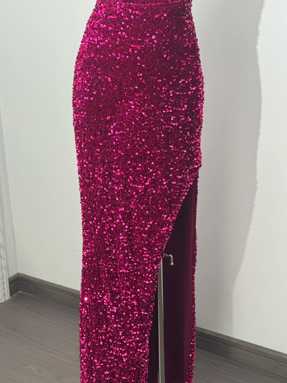 Rose Red Sequin One-Shoulder Fitted Waist Slim Bodycon Prom & Evening Dress gh7226