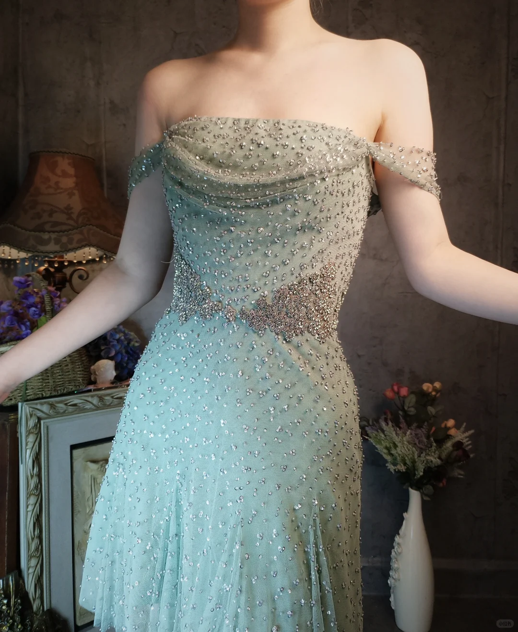 Vintage Light Green Off-the-shoulder Sparkling Beaded Design A-line Short Homecoming Dress TP4023