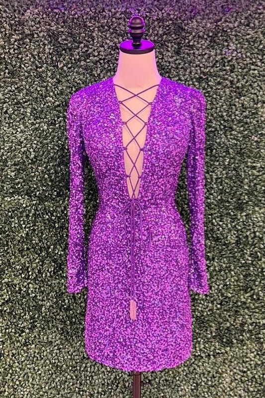 Grape Sequins Long Sleeves Sheath Plunging V Lace-Up Homecoming Dress