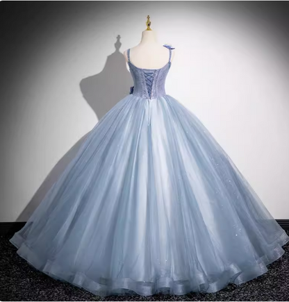 Dreamy Light Haze Blue Thin Strap 3D Floral Tulle Ball Gown Evening Dress Sweet 16 Dress P4394