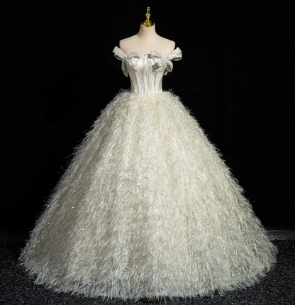 Princess Milk White Bowknot Off-the-Shoulder Feather Tulle Ball Gown Evening Dress Sweet 16 Dress P4396