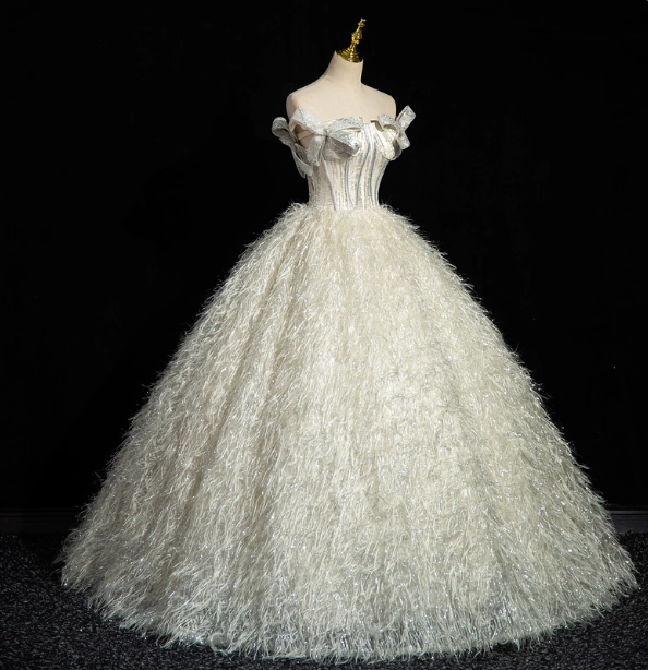 Princess Milk White Bowknot Off-the-Shoulder Feather Tulle Ball Gown Evening Dress Sweet 16 Dress P4396