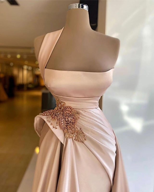 Vintage Champagne Satin One Shoulder Draped Mermaid Beaded Prom Dress TP5842