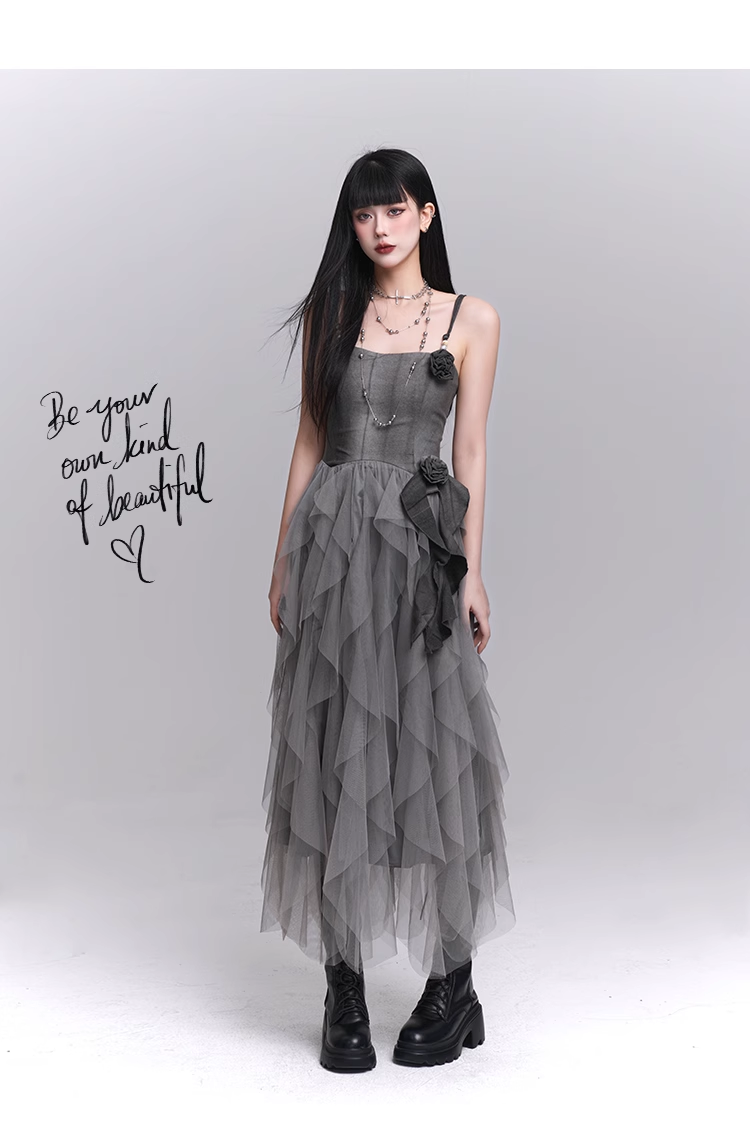 Simple Fashion Gray Rose Flower Design Women Spaghetti Strap Dress TP2943