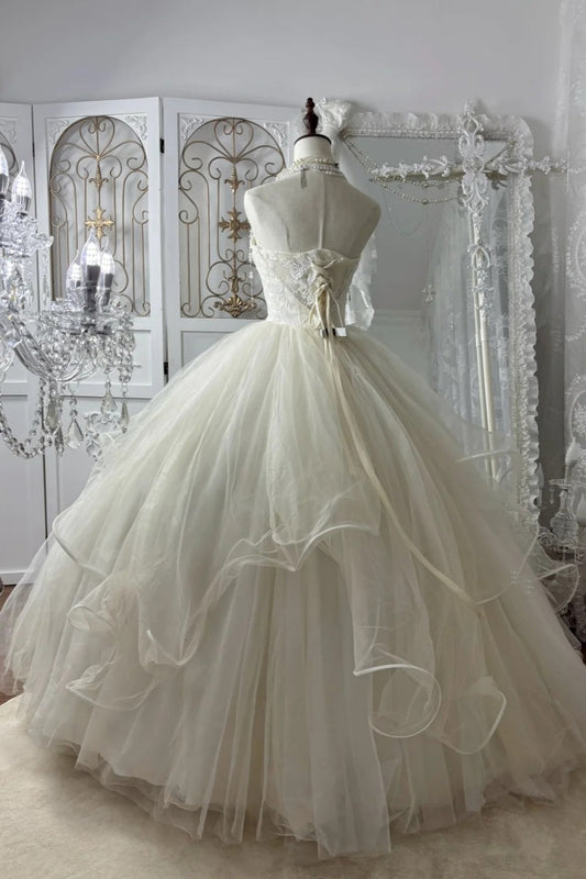 Lace Strapless Bridal Gown Pearl Shoulder Chain & Cloud Flare Hem  gh7063