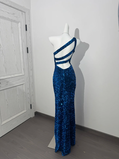 Rose Red Sequin One-Shoulder Fitted Waist Slim Bodycon Prom & Evening Dress gh7226