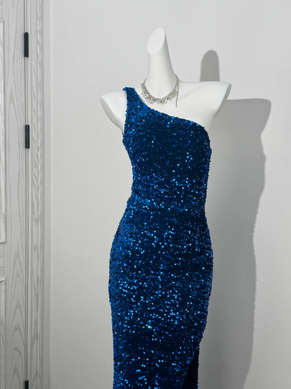 Rose Red Sequin One-Shoulder Fitted Waist Slim Bodycon Prom & Evening Dress gh7226