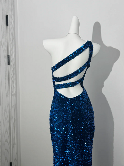 Rose Red Sequin One-Shoulder Fitted Waist Slim Bodycon Prom & Evening Dress gh7226