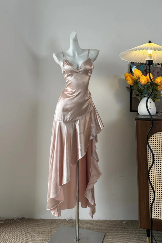 girlhomeshops-Gentle And Fairy - Like Light Pink Spaghetti - Strap Irregular Ruffled Long Dress gh5844