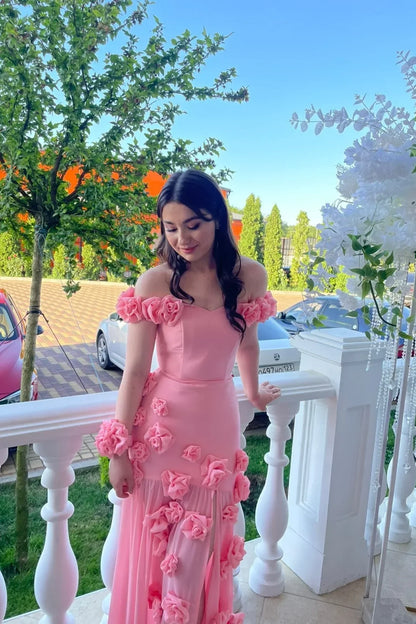 3D Florals Off-Shoulder Empire A-Line Party Prom Dress With Slit