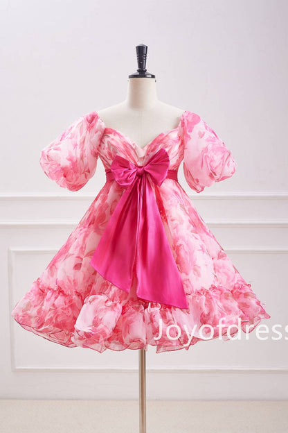 Pink Puff Sleeves Floral Ruffle Short Homecoming Dress with Bow