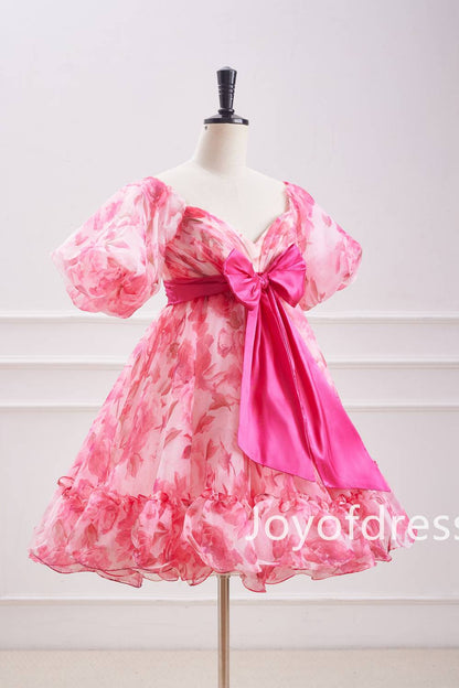 Pink Puff Sleeves Floral Ruffle Short Homecoming Dress with Bow