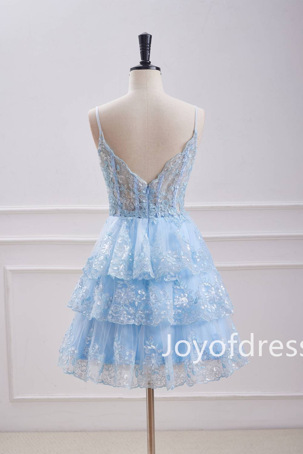 Straps Light Blue Corset Sequin Appliques Ruffle Homecoming Dress