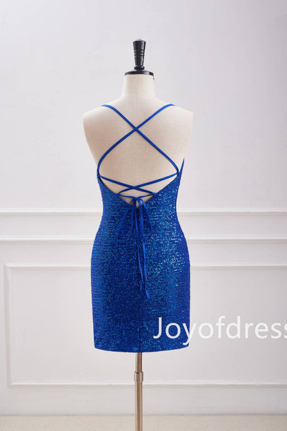 V-Neck Royal Blue Sequin Ruched Mini Dress