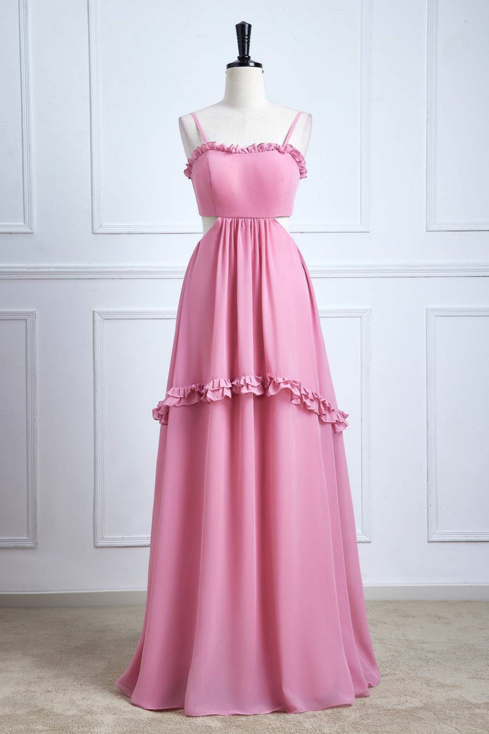 Pink Ruffled Spaghetti Straps Bow Tie Back Long Bridesmaid Dress