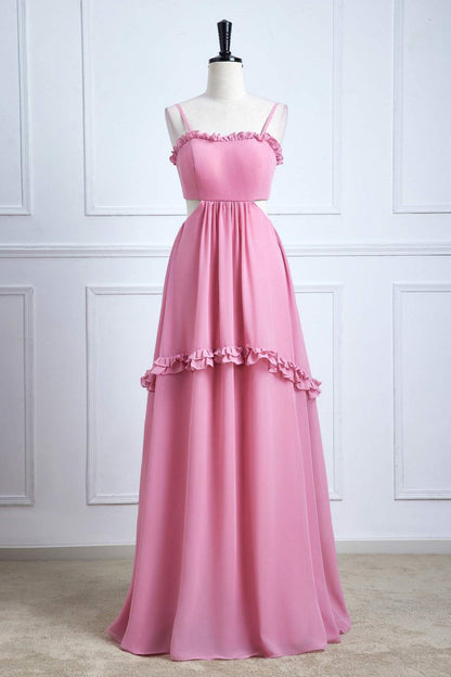 Pink Ruffled Spaghetti Straps Bow Tie Back Long Bridesmaid Dress