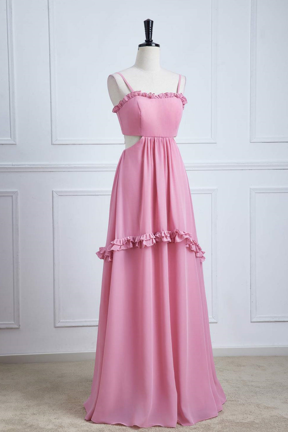 Pink Ruffled Spaghetti Straps Bow Tie Back Long Bridesmaid Dress