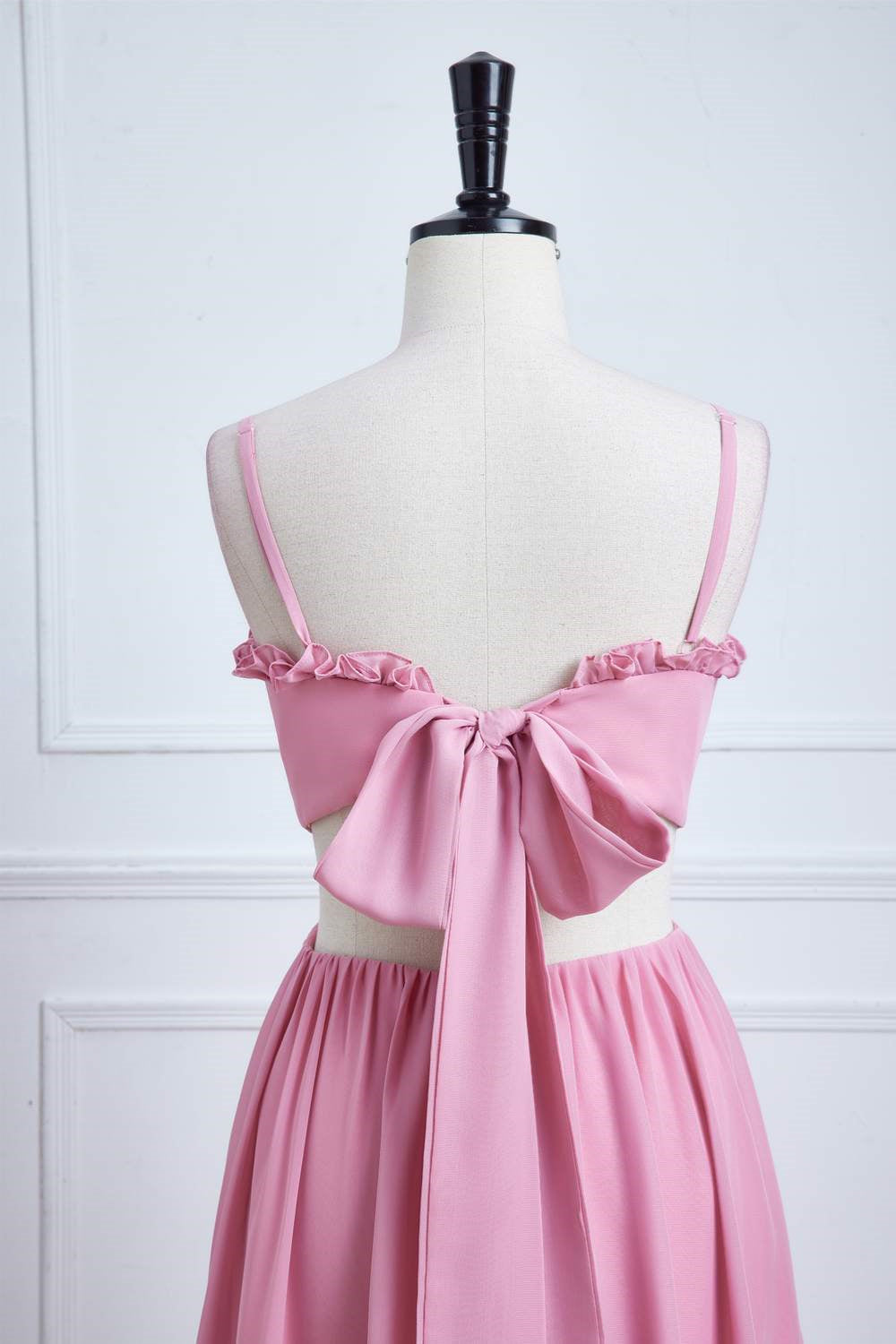Pink Ruffled Spaghetti Straps Bow Tie Back Long Bridesmaid Dress