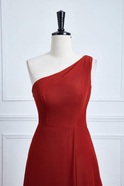 Rust One Shoulder A-line Chiffon Long Bridesmaid Dress with Slit