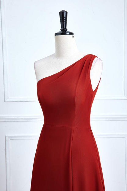 Rust One Shoulder A-line Chiffon Long Bridesmaid Dress with Slit