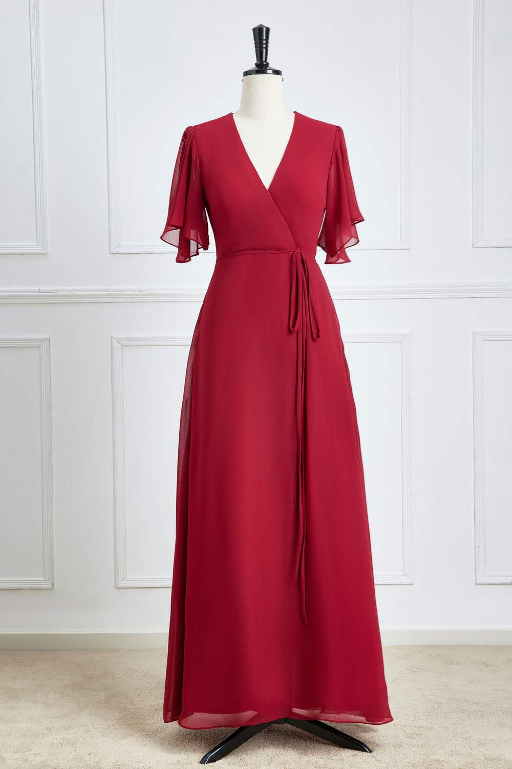 Wine Red Flaunt Sleeves Surplice A-line Long Bridesmaid Dress with Sash