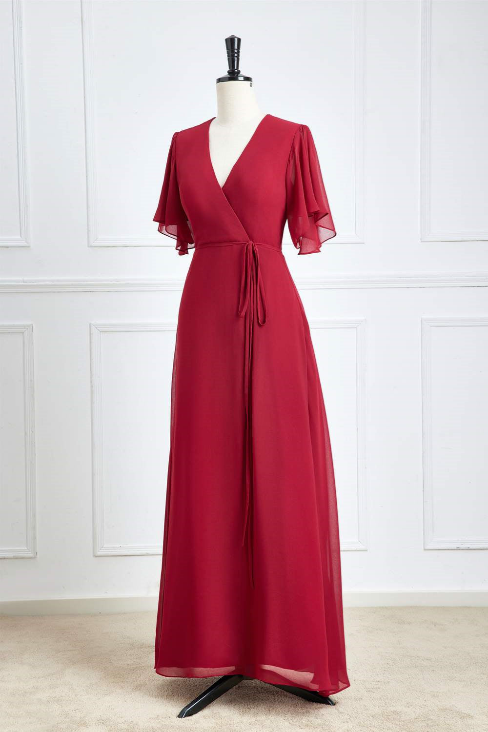 Wine Red Flaunt Sleeves Surplice A-line Long Bridesmaid Dress with Sash