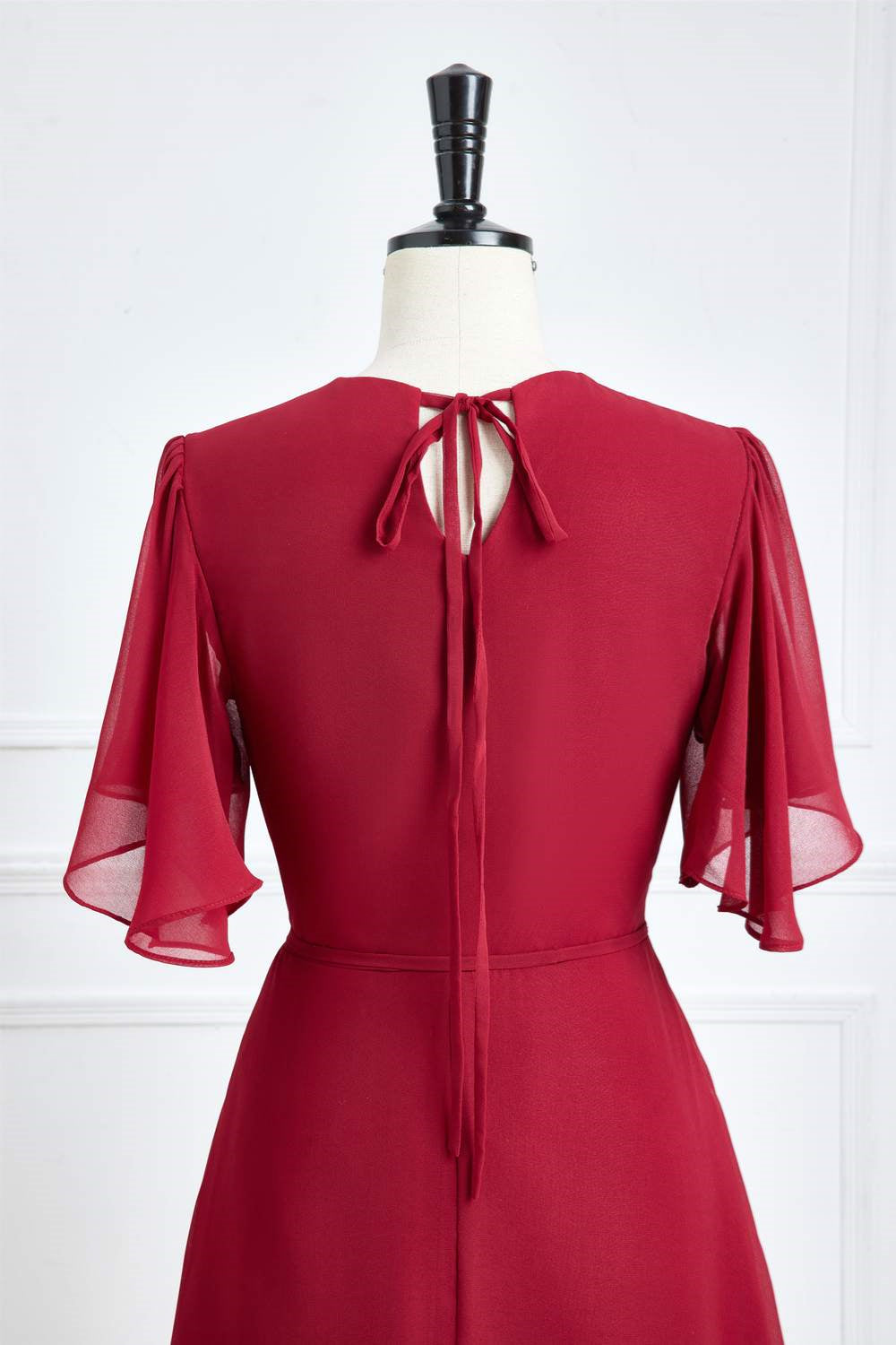 Wine Red Flaunt Sleeves Surplice A-line Long Bridesmaid Dress with Sash