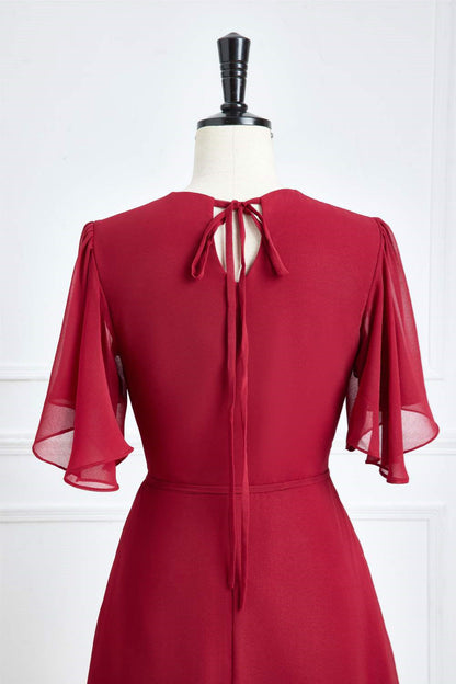 Wine Red Flaunt Sleeves Surplice A-line Long Bridesmaid Dress with Sash