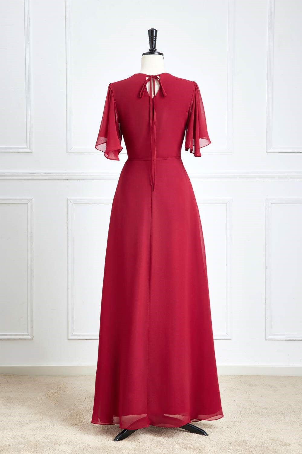 Wine Red Flaunt Sleeves Surplice A-line Long Bridesmaid Dress with Sash