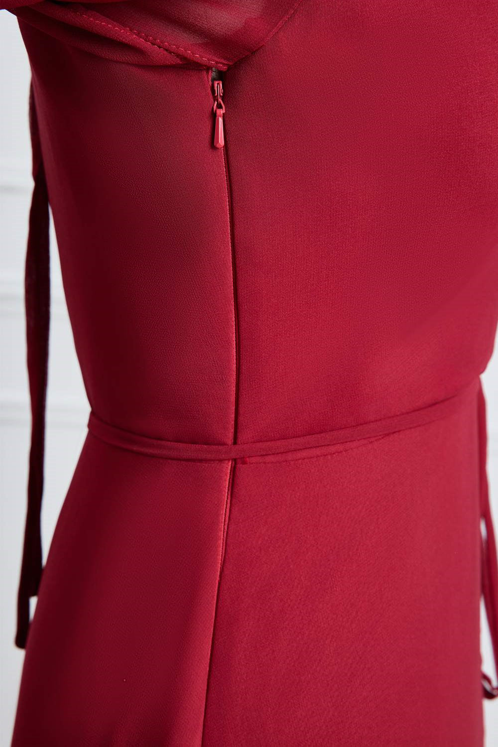 Wine Red Flaunt Sleeves Surplice A-line Long Bridesmaid Dress with Sash