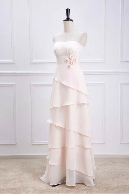 Pink Strapless A-line Layers Long Bridesmaid Dress with Flowers
