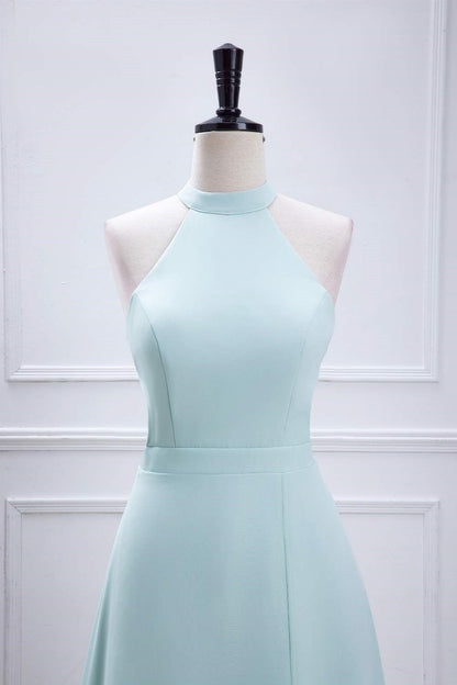Blue Halter A-line Chiffon Long Bridesmaid Dress with Slit