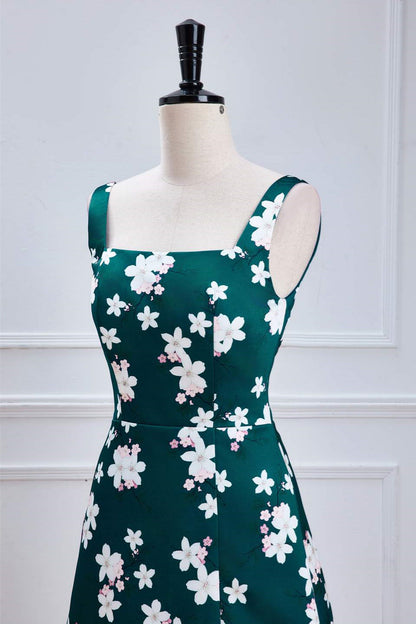 Green Floral Prints A-line Long Bridesmaid Dress with Slit