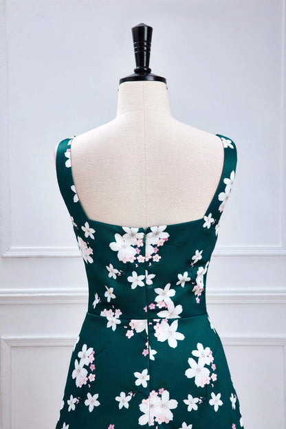Green Floral Prints A-line Long Bridesmaid Dress with Slit
